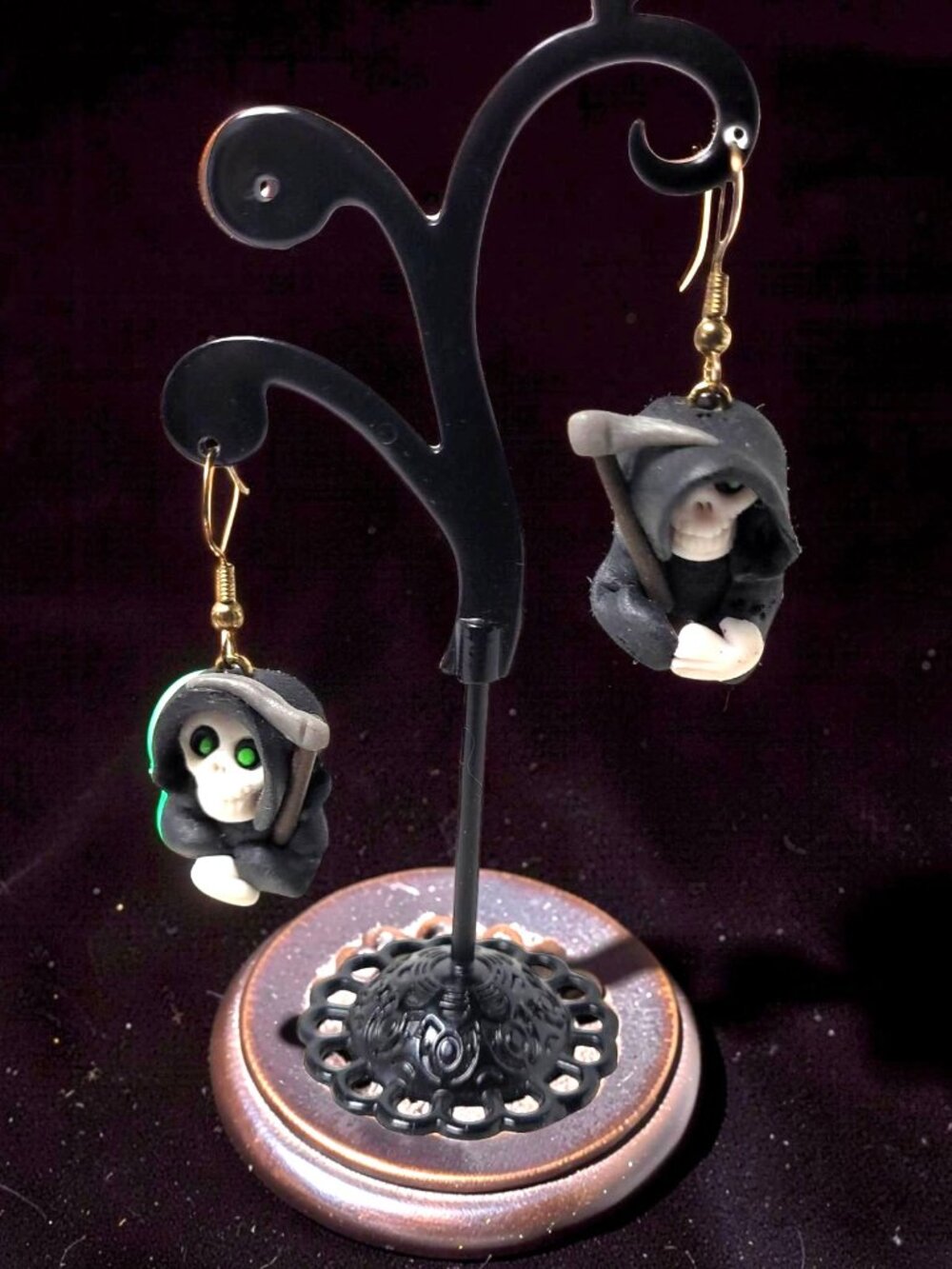 Pair of Rhinestone Green Eyes Skeleton Grim Reaper Ear Hook Earrings